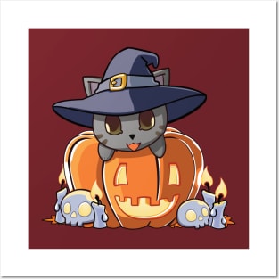 Grey cat in a pumpkin Posters and Art